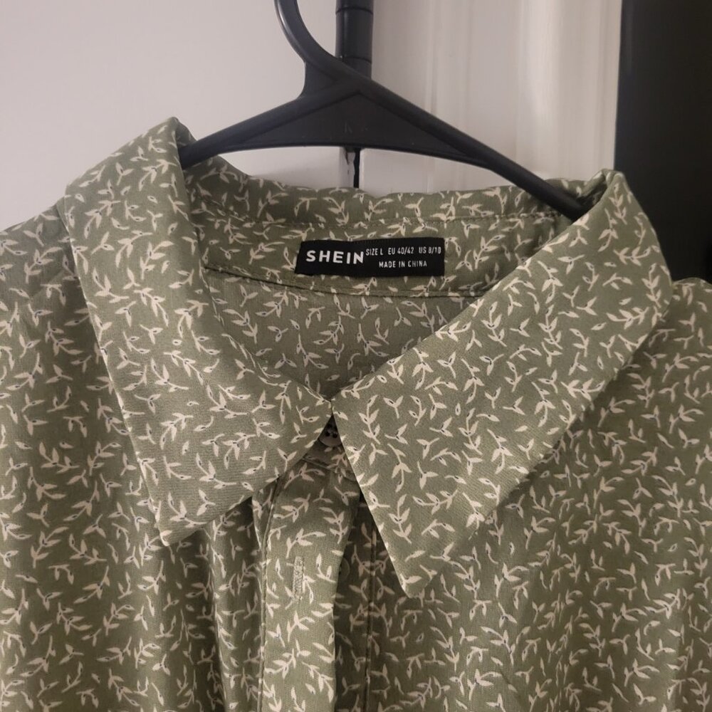 Shein Long Sleeve Maxi Dress Prairie Tiers Belt Green Floral sz L US 8/10 Cute - Picture 5 of 11
